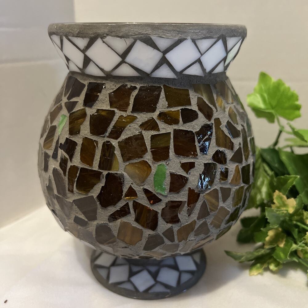 Vintage Homco Home Interior Mosaic Glass Candle Holder Gold & Brown Colors New